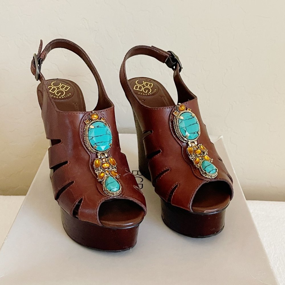New BCBGeneration Sandals Drama Brown Turquoise Bead Stone Platform Wedge Sz 6 - Picture 5 of 13